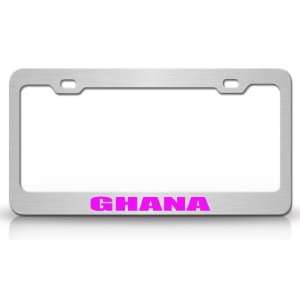 GHANA Country Steel Auto License Plate Frame Tag Holder, Chrome/Pink