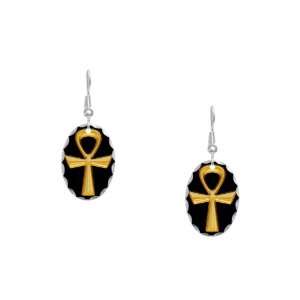  Earring Oval Charm Egyptian Gold Ankh Black Artsmith Inc 