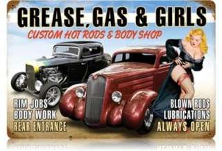 Brand New   Large Grease, Gas & Girls Pinup/Auto Metal Sign(11 1/2 