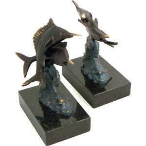 Swordfish Bookends, Bronzed on Marble Base, tarnish proof 