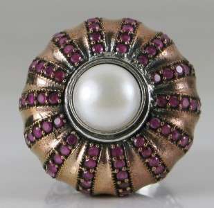 Deco 9mm South Sea Pearl & Ruby Enamel Rose Gold/Sterling 1.47ctw Ring 