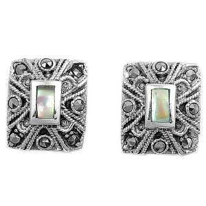    Sterling Silver Earrings with Marcasite and Abalone   12mm Jewelry