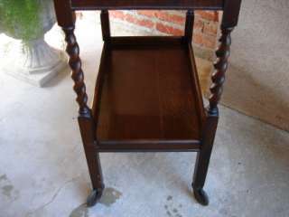 Antique English Oak Barley Twist Tea Trolley Rolling Server Cart Table 
