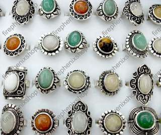 wholesale 30 natural stone Tibet silver rings assorted  