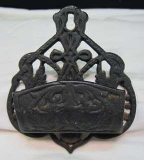   CAST IRON MATCH HOLDER~WALL HANGING~EMBOSSED SCROLLS~STRIKERS  