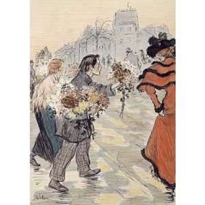 Street Scene With Flower Vendors by Theophile Steinlen. Size 21.38 X 