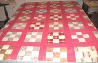   HANDMADE QUILT Nine Patch 60 x 72 FULL Stains Hand Sewn  