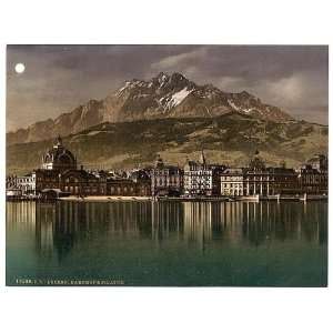   station and Pilatus by moonlight, Lucerne, Switzerland