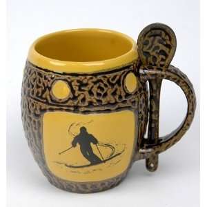 Ceramic Pottery Mug with Yellow Skier and Spoon  Kitchen 
