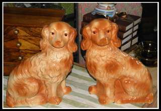 Unusual Pair of Antique Staffordshire Pottery Spaniel Dogs NR  