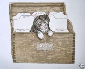 Martha Hinson Kitten in a Recipe Box Etching Deli cat  