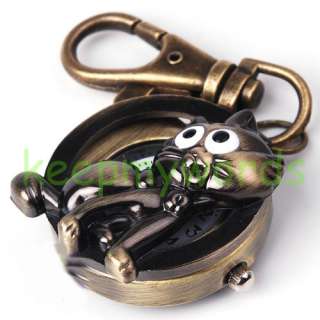 Bronze Tone Lovely Fox Cat Key Ring Clock Pocket Watch  