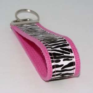 White Zebra Print 6   Pink   Fabric Keychain Key Fob Ring 