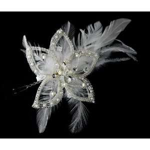   Plated Flower & Ivory Feather Fascinator Hair Pin   HP 8396 Beauty