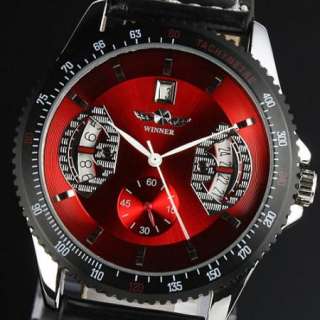 Men Automatic Mens Red Mechanical Black Skeleton Leather Mens Wrist 