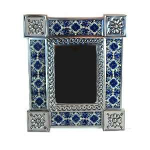  Tin Mirror with 2 Talavera Cobalt Blue Design Ceramic Tiles, 13 x 11