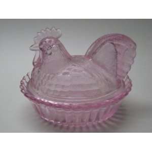  5 Clear Pink Glass Hen on Nest Ribbed Base Everything 
