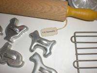 CHILDS OLD TOY KITCHEN BAKING PANS ANIMAL COOKIE CUTTERS ROLLING PIN 