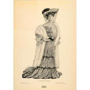  1905 Print Edwardian Lady Fashion Dress Hat Veil Stole 