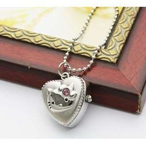  Retro Cute Kitty Carved Love Heart Pocket Watch Necklace 