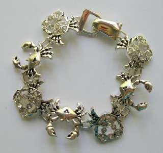 Nautical Sea Beach Crab Silver & Crystal Link Bracelet  