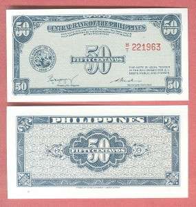 PHILIPPINES 1949 ENGLISH SERIES 50 CENTAVOS P 131 CU  