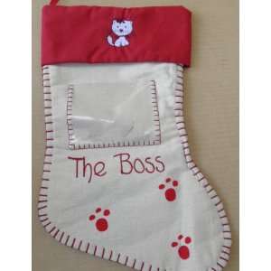 Kitty Cat Christmas Stocking   Says The Boss   13 1/2 inches x 9 1/4 