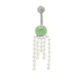  Dangling Beads Belly Button Ring with Green Cz Gem 