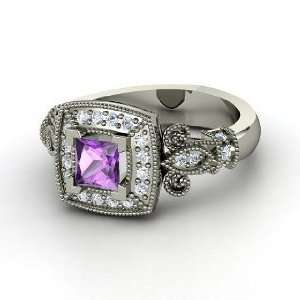  Dauphine Ring, Princess Amethyst 14K White Gold Ring with 