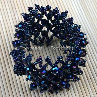 Dark Blue Crystal Beaded Weave ~Cuff~ Bracelet Bangle  