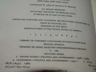 Ronald Reagan SIGNED 1st EDITION Speaking My Mind  