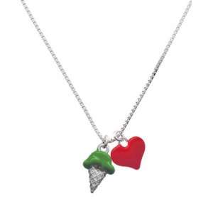  2 D Pistachio Ice Cream Cone and Red Heart Charm Necklace 