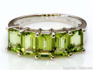 Emerald Cut Genuine Peridot 5 Stone Engagement Ring Set In Solid 14k 