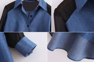   Chiffon Splice Lapel Long Sleeve Blue Jean Denim Shirt Tops Blouse Jee