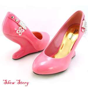 Baby Pink Stud Diamante Pendant Curved Heels Shoes US Sz 4  