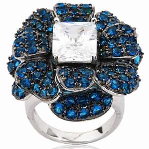    Blue and Clear Cubic Zirconia Blooming Flower Fashion Ring Jewelry
