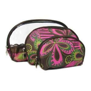  Pink Green & Brown Floral Paisley (3) Piece Cosmetic Bag 