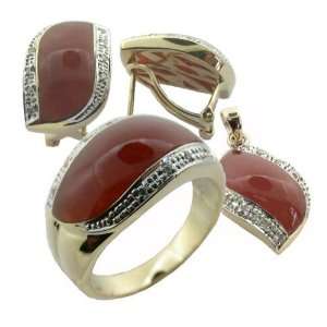  Red Jade and Diamond Rivus Earring, Ring and Pendant Set 