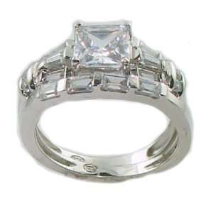 Antqiue Estate Style Princess Baguette Wedding Ring Set 14k White Gold 