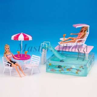Summer Resort set for Barbie Swimming Pool, Slide, Sling Chair, Rest 