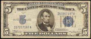 1934 A $5 DOLLAR BILL SILVER CERTIFICATE BLUE SEAL NOTE Fr 1651 F VF 