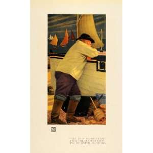  1920 Print Old Fisherman Tempera Paint Boat Sails Art 