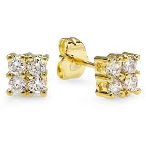 18k Yellow Gold Plated Stud Earrings 6mm Ice Cube Shaped White Round 