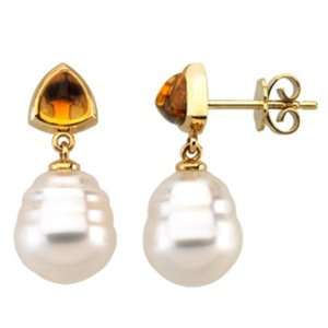 11MM Baroque White Pearl And Citrine Earrings  14K 