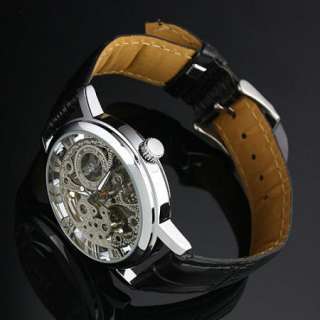   Mechanical Wind Up Black Leather Mens Luxury Silver Wrist Watch  