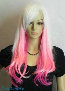 New White + Pink Mix Long Straight Cosplay women Wig + Hairnet #HN33 
