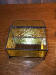 Antique Stained Glass Jewelry Trinket Box Ormolu Casket RARE Yellow 