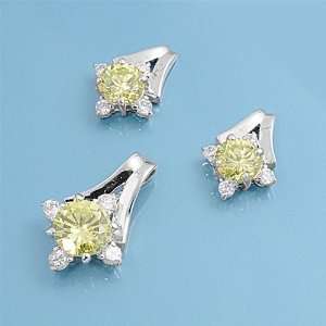 Sterling Silver Pendant and Earrings Set   Round Peridot and Clear CZ 