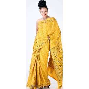    Yellow Sari from Kolkata with All Over Kantha Embroidery   Pure Silk