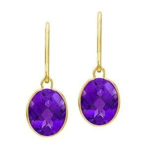 Concave Checker Oval Amethyst Wrap Drop Earrings 14K Yellow Gold 